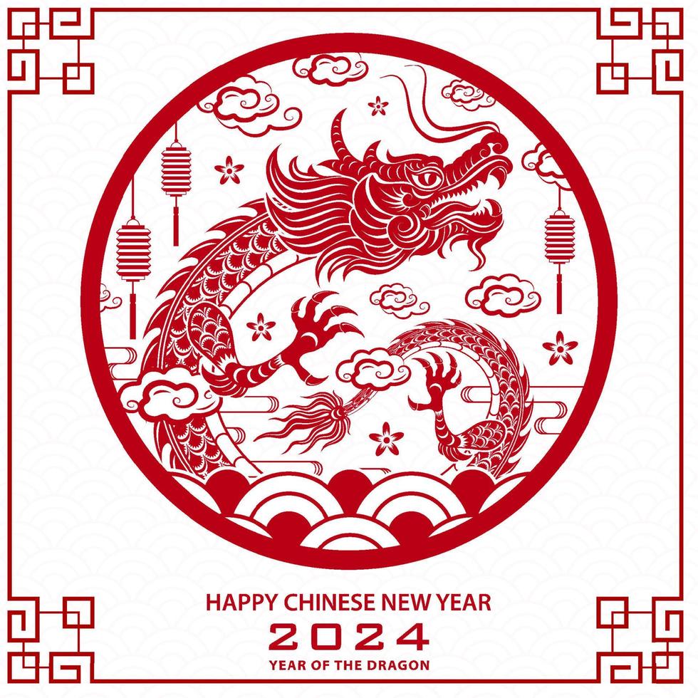 Happy Chinese new year 2024 Zodiac sign, year of the Dragon, with paper cut art and craft style on color background vector