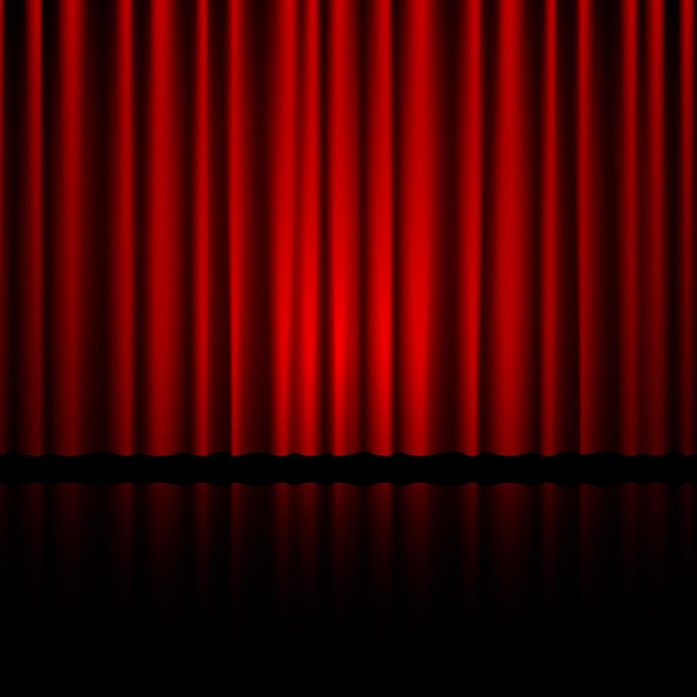 Closed red theater curtain with reflection in bottom. Background for banner or poster. Vector illustration