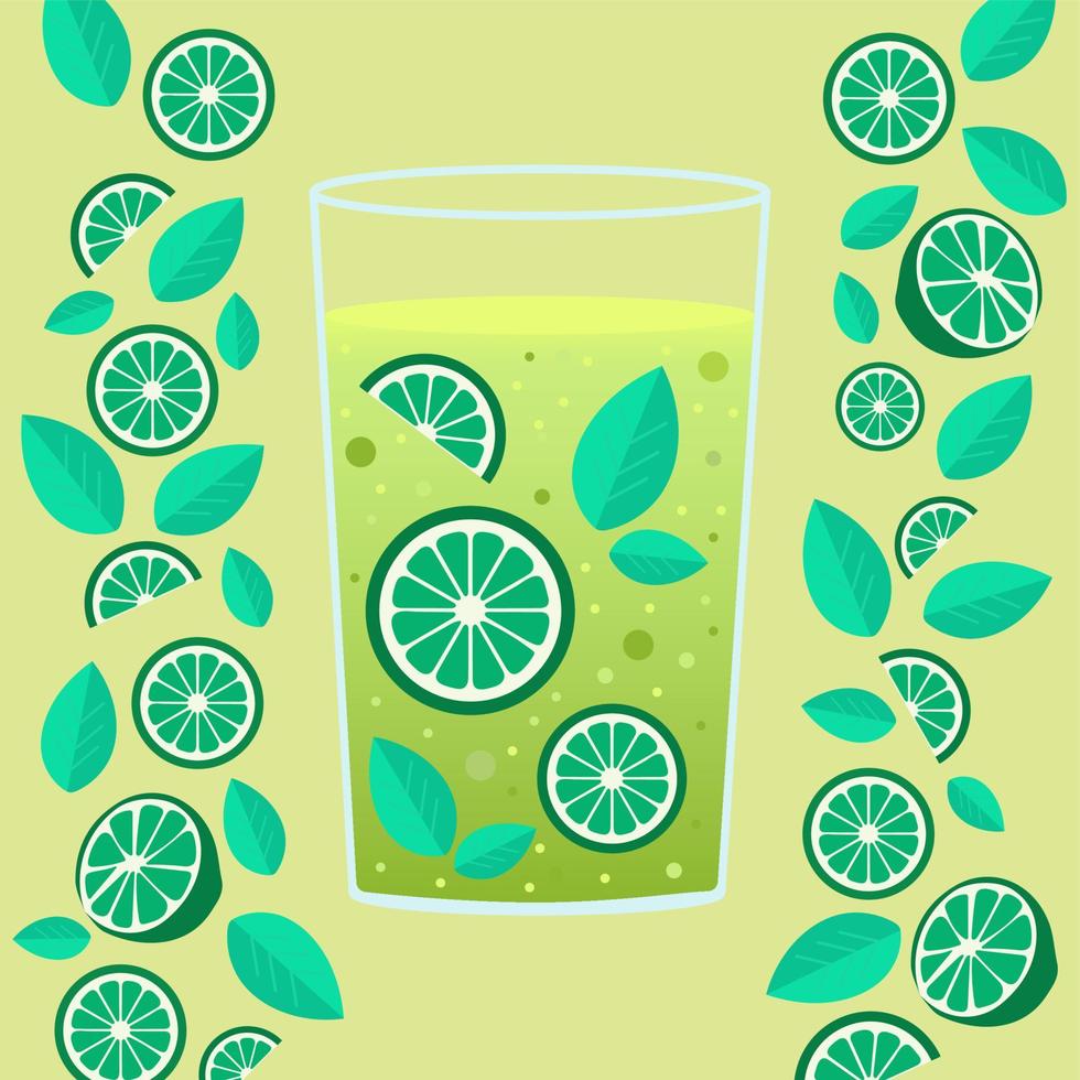 Icon, sticker, illustration. Glass with Lime and mint cocktail with bubbles on blue background. Slice and half lime on each side. Summer, cocktail, fruit vector