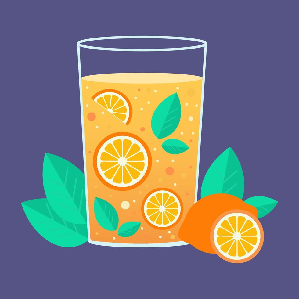 Icon, sticker, illustration. Glass with orange and mint cocktail with bubbles on blue background. Summer, cocktail, fruit vector