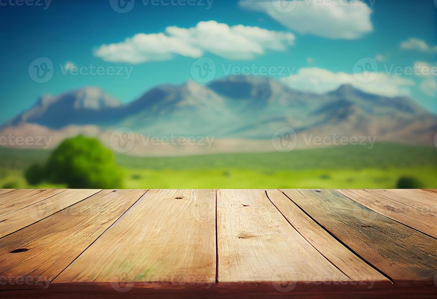 Empty table for product display montages with mountains in the background. photo
