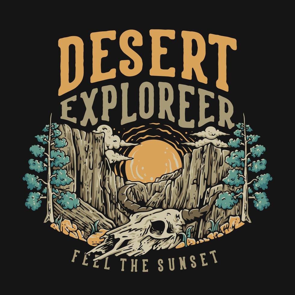 t camisa diseño Desierto explorador sensación el puesta de sol con vaca cráneo en el Desierto Clásico ilustración vector