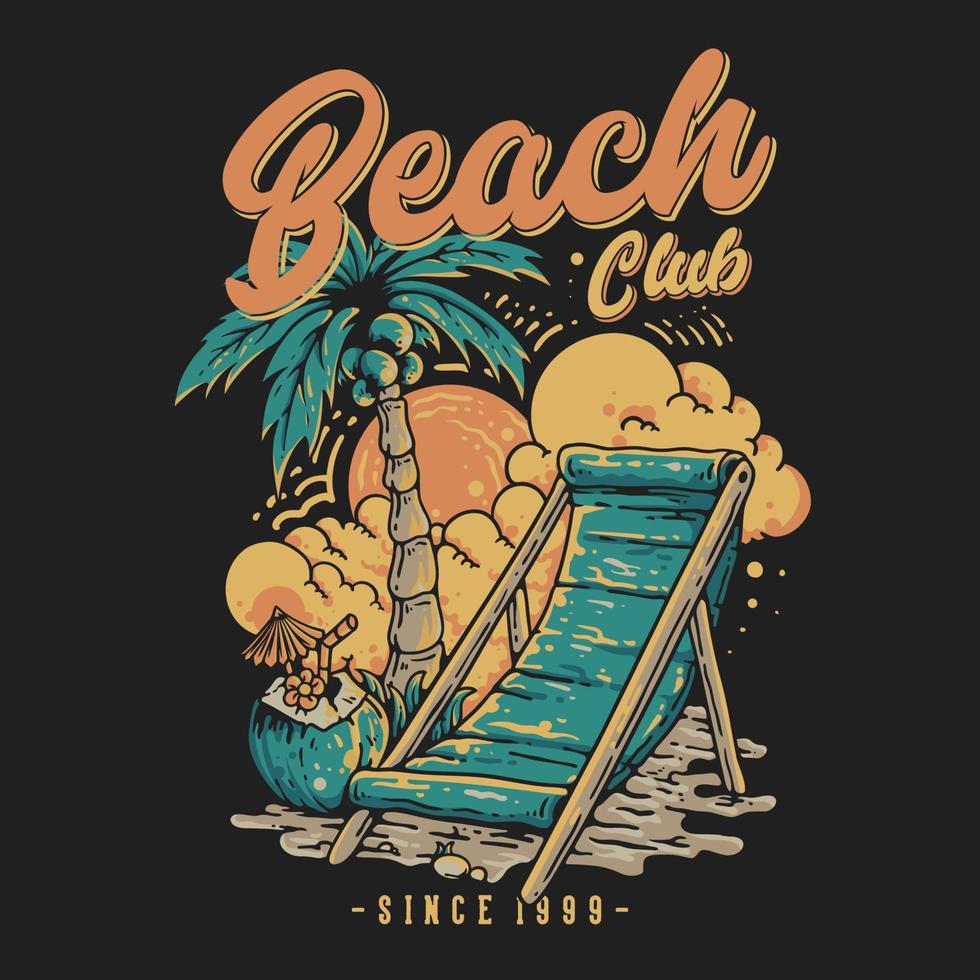 T Shirt Design Beach Club With Beach Seat Under Coconut Tree On The Beach Vintage Illustration vector