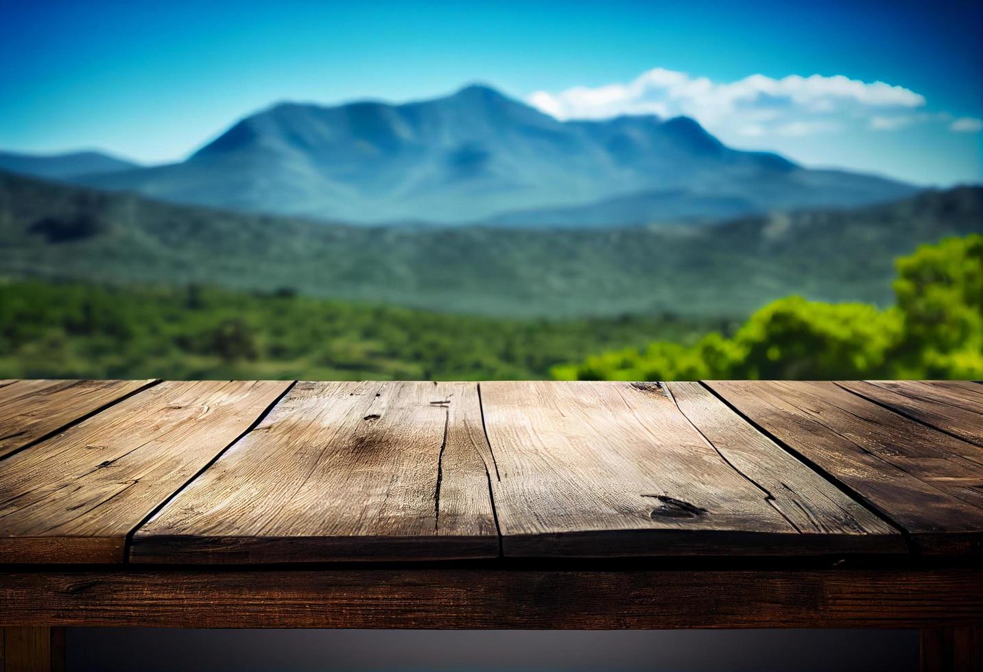 Empty table for product display montages with mountains in the background. photo