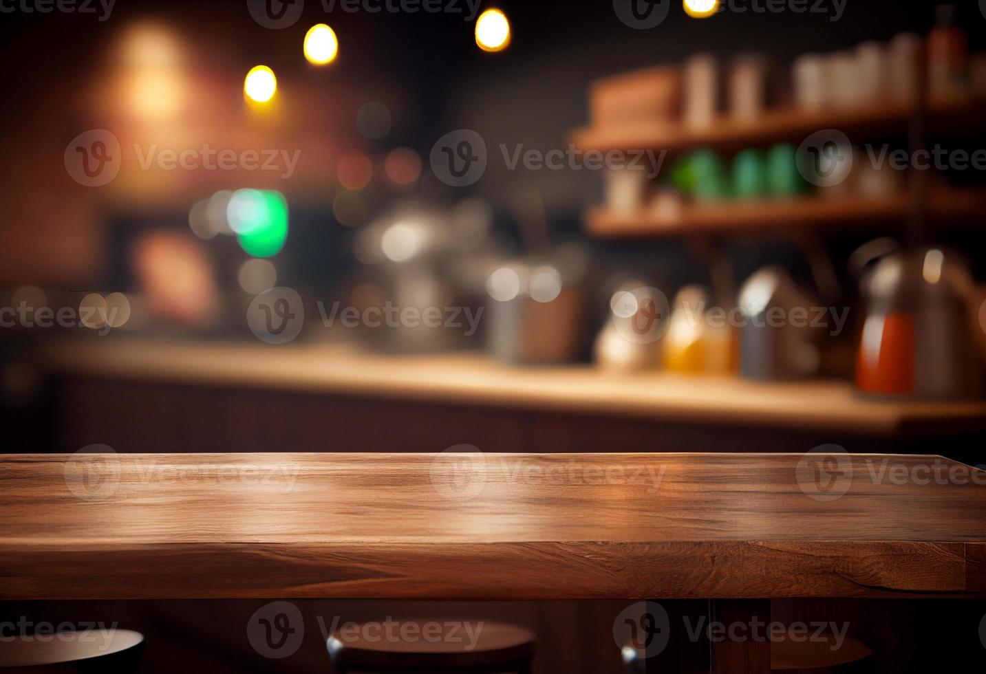 vacío de madera mesa y borroso antecedentes de café tienda o restaurante. para producto monitor foto