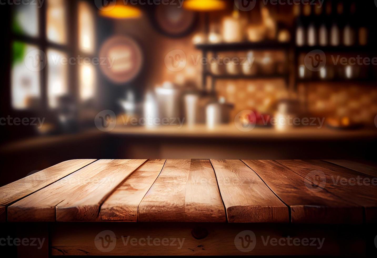 vacío de madera mesa y borroso antecedentes de café tienda o restaurante. para producto monitor foto