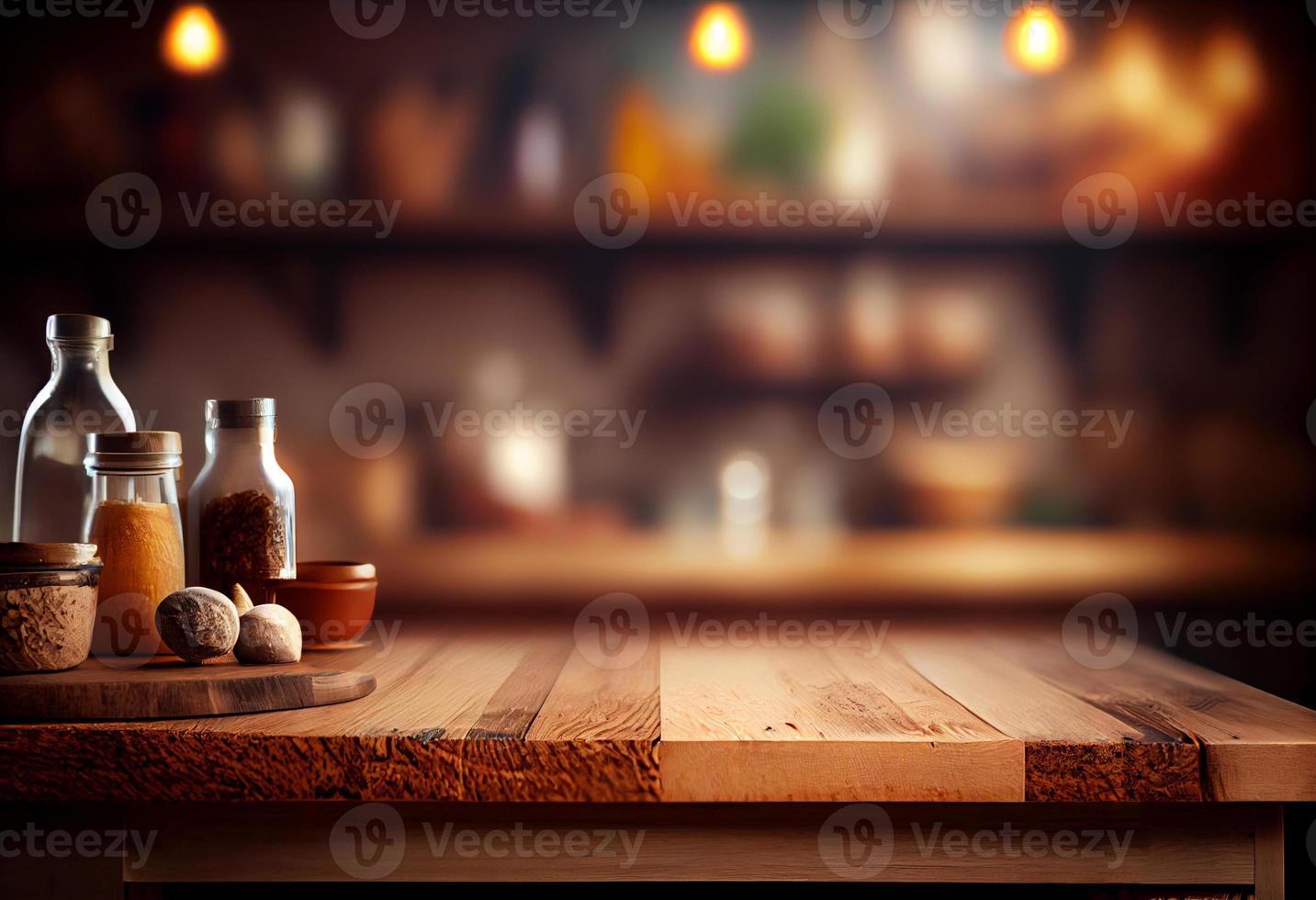 Empty wooden table and blurred background of coffee shop or restaurant. For product display photo