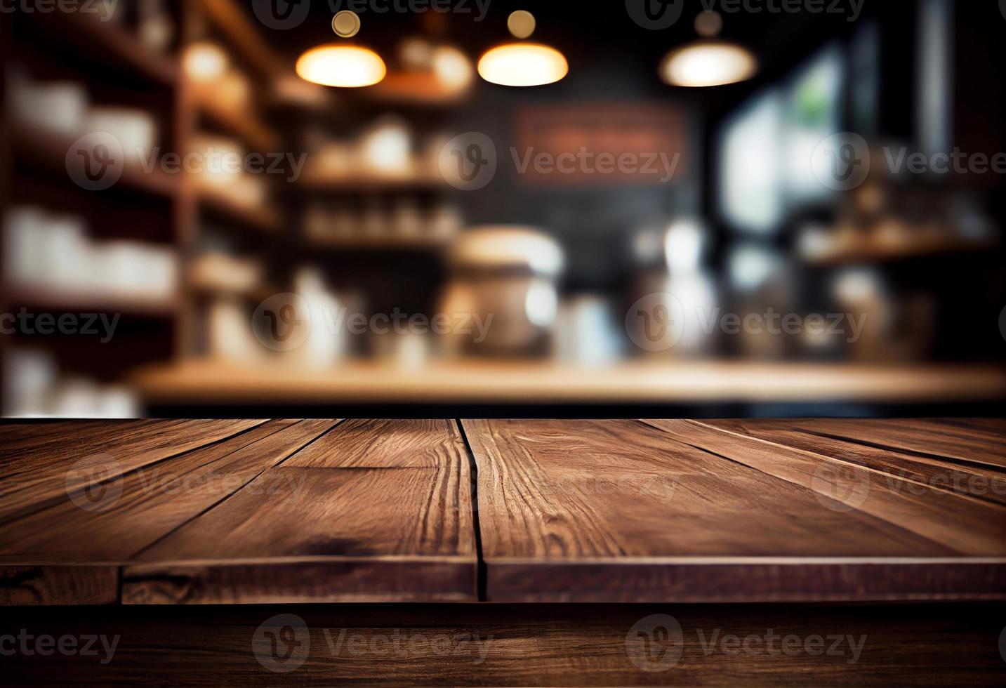 vacío de madera mesa y borroso antecedentes de café tienda o restaurante. para producto monitor foto