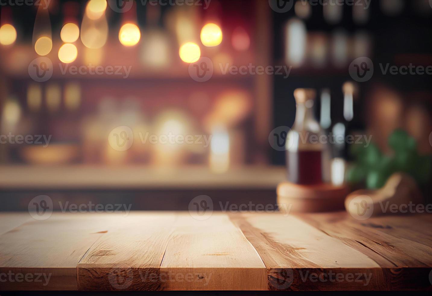 Empty wooden table and blurred background of coffee shop or restaurant. For product display photo