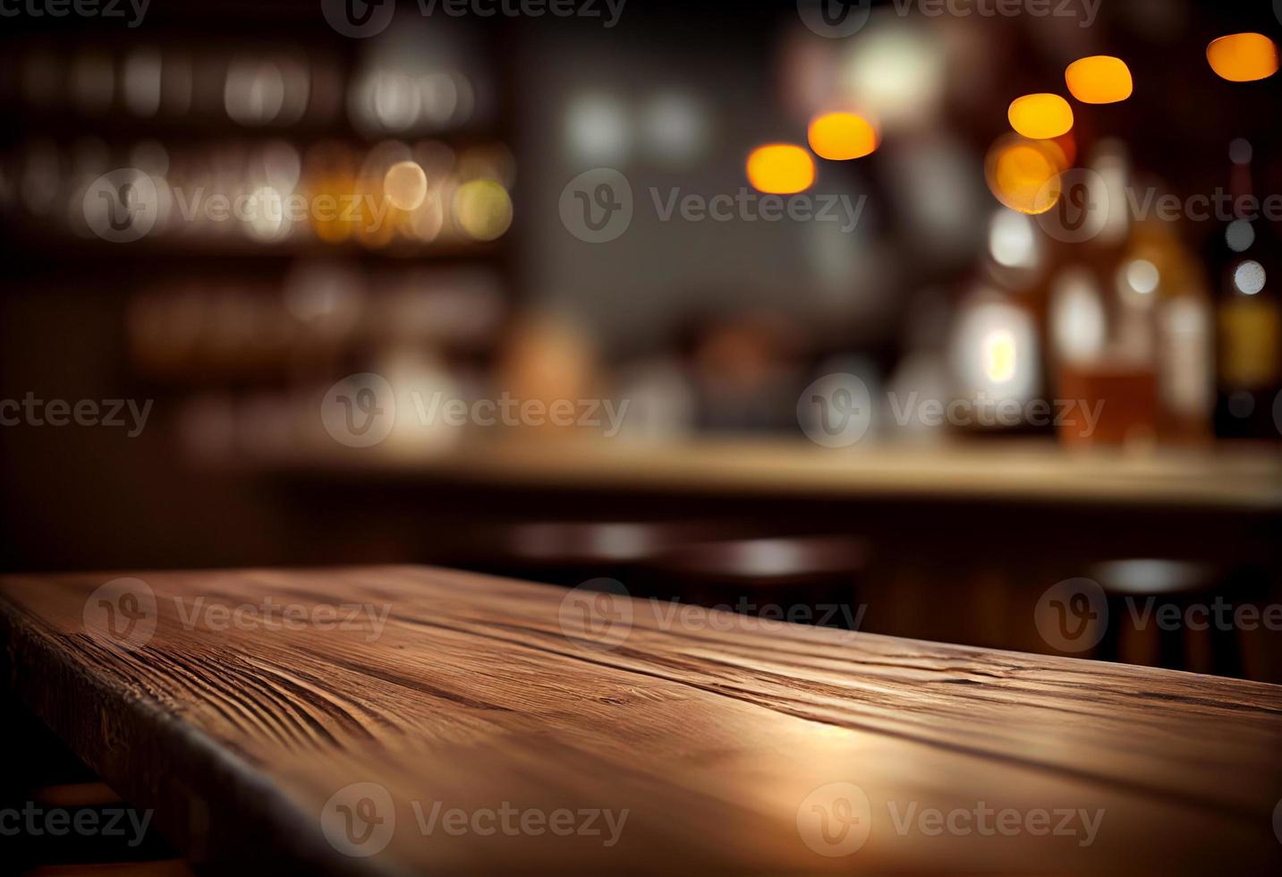 vacío de madera mesa y borroso antecedentes de café tienda o restaurante. para producto monitor foto