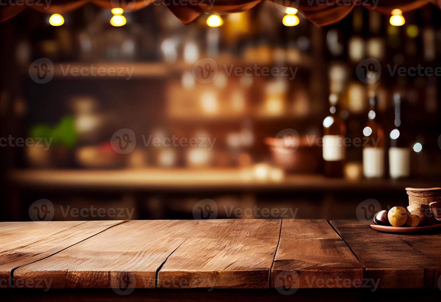 Empty wooden table and blurred background of coffee shop or restaurant. For product display photo