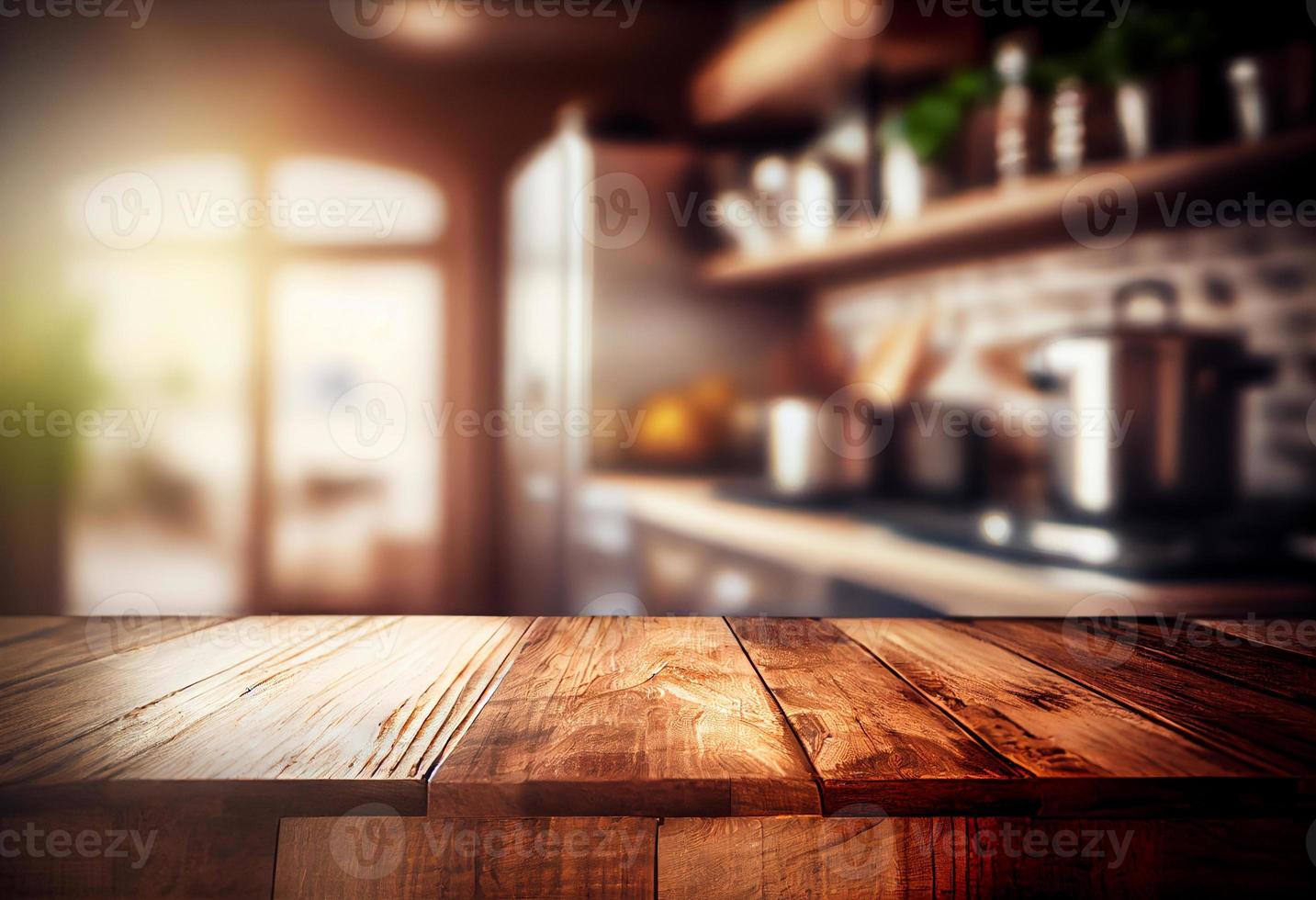 Empty wooden table and blurred background of coffee shop or restaurant. For product display photo
