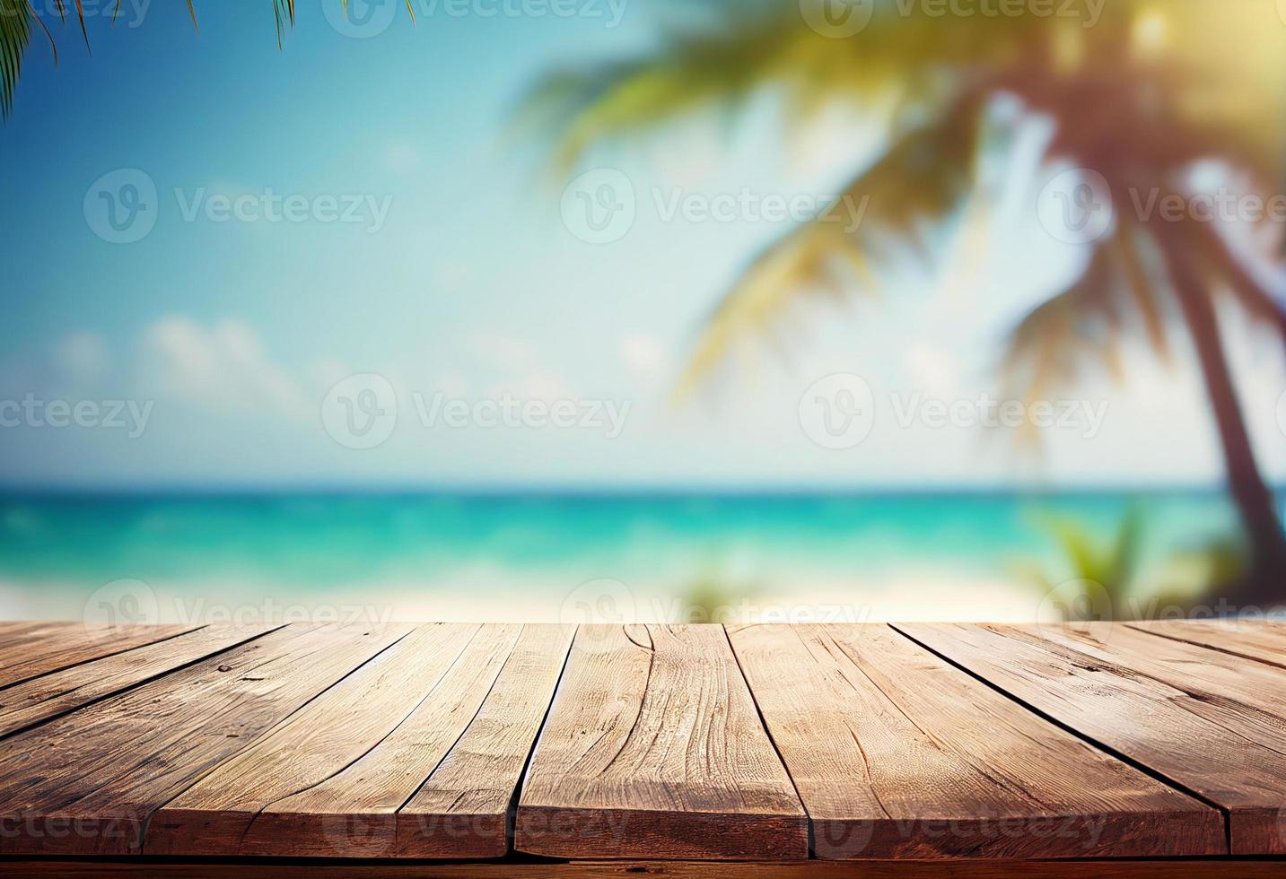 Wooden table top on blur tropical beach background photo
