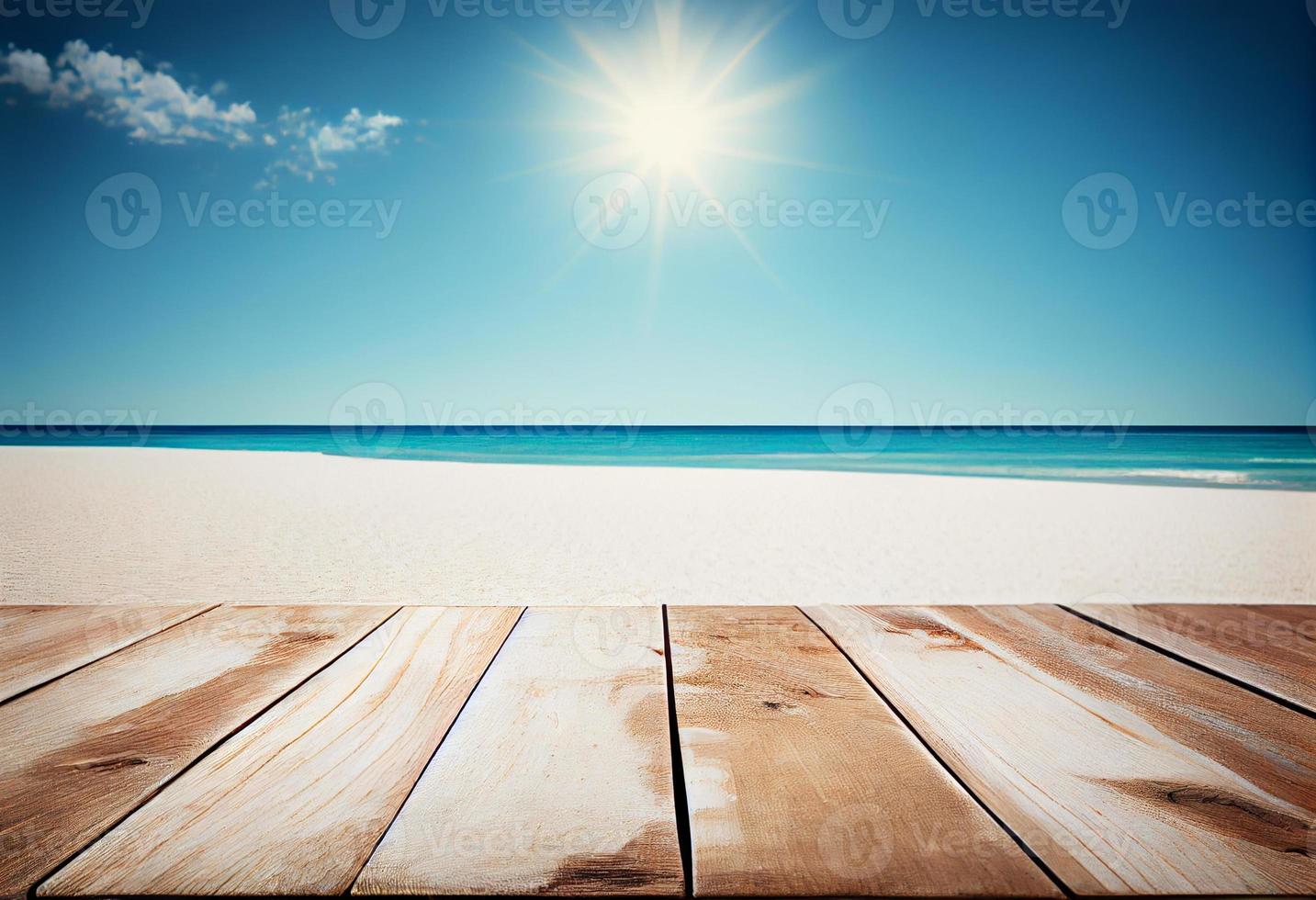 Wooden table top on blur tropical beach background photo