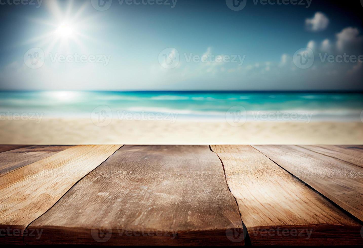 Wooden table top on blur tropical beach background photo