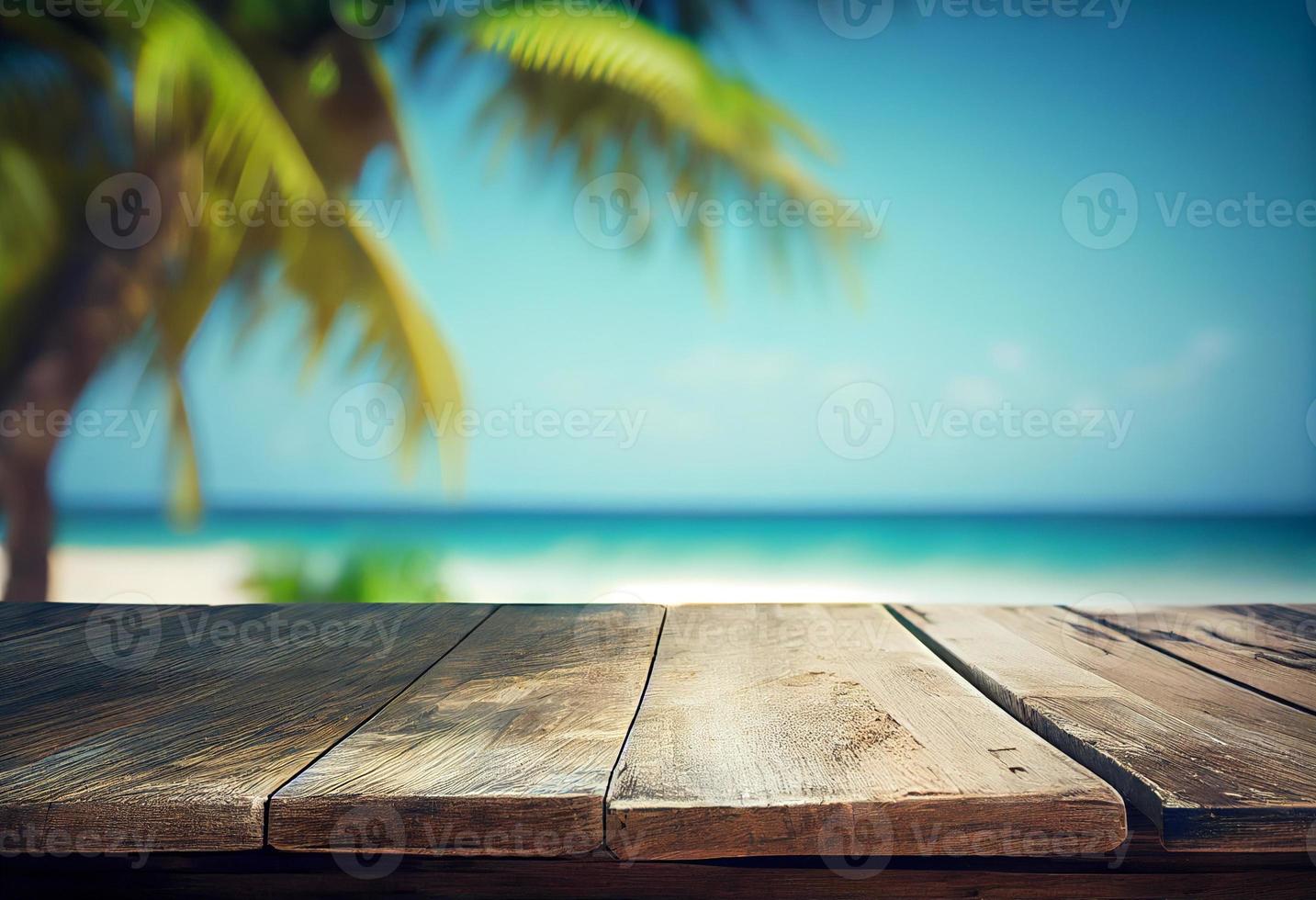 Wooden table top on blur tropical beach background photo
