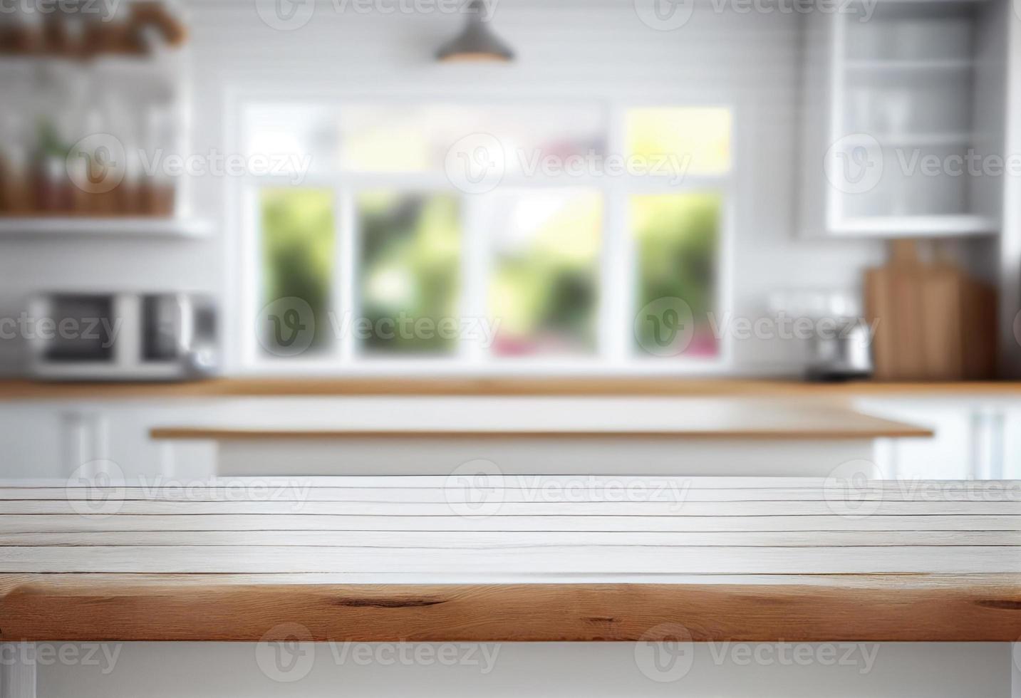 Empty wooden table and blurred kitchen background, product display montage. photo