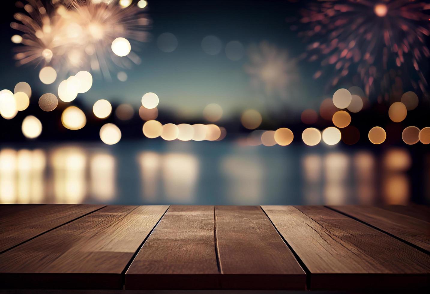 Wooden table and bokeh of fireworks on the background. photo