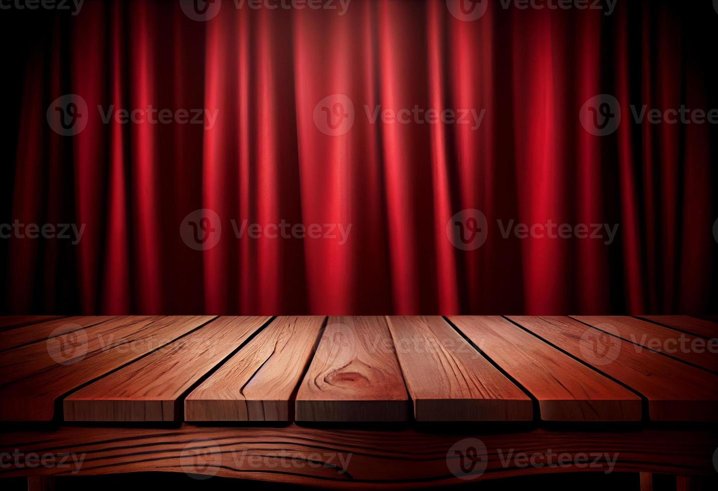Empty wooden table and red curtains. Stage background photo