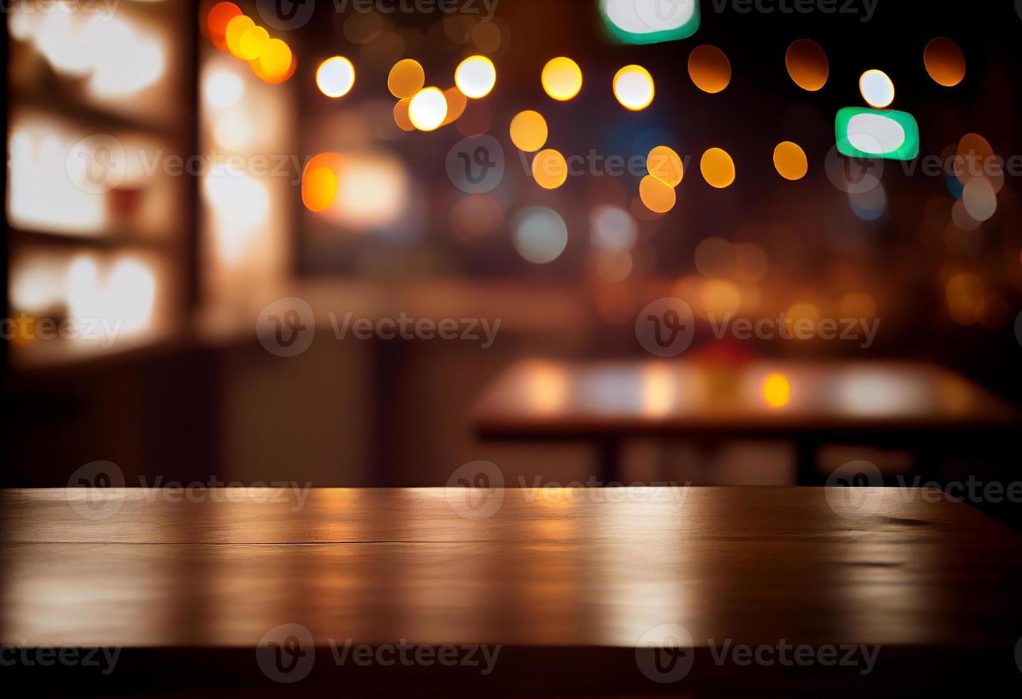 Empty wooden table and bokeh lights background. For product display photo