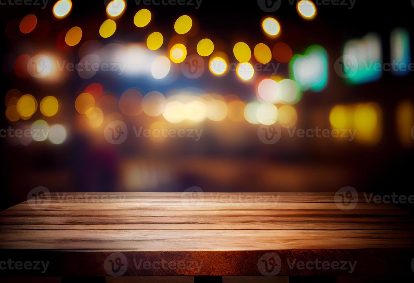 Empty wooden table and bokeh lights background. For product display photo