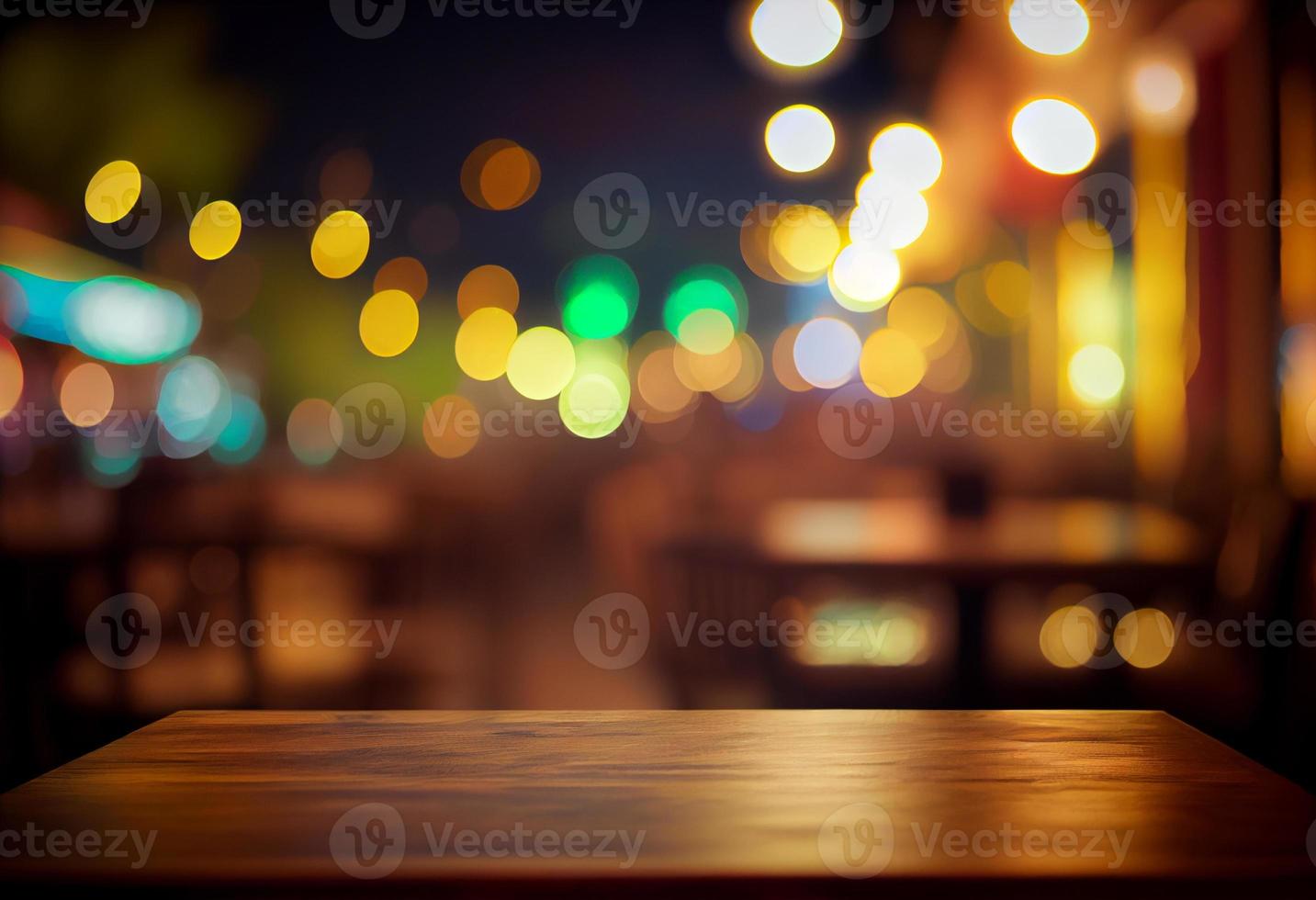 vacío de madera mesa y bokeh luces antecedentes. para producto monitor foto