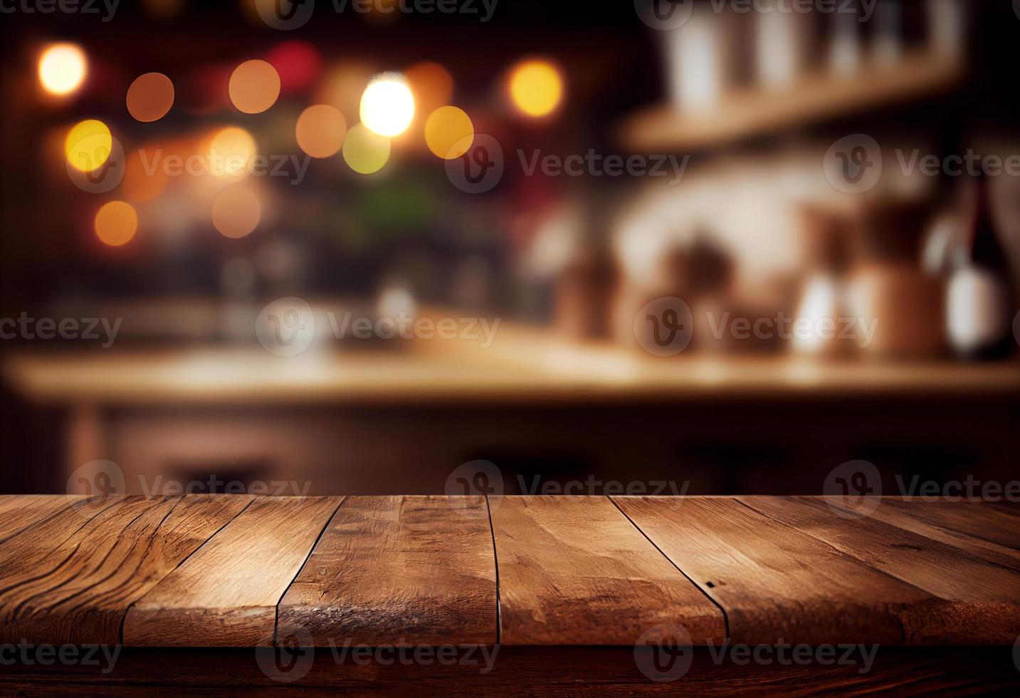 Empty wooden table and bokeh lights background. For product display photo