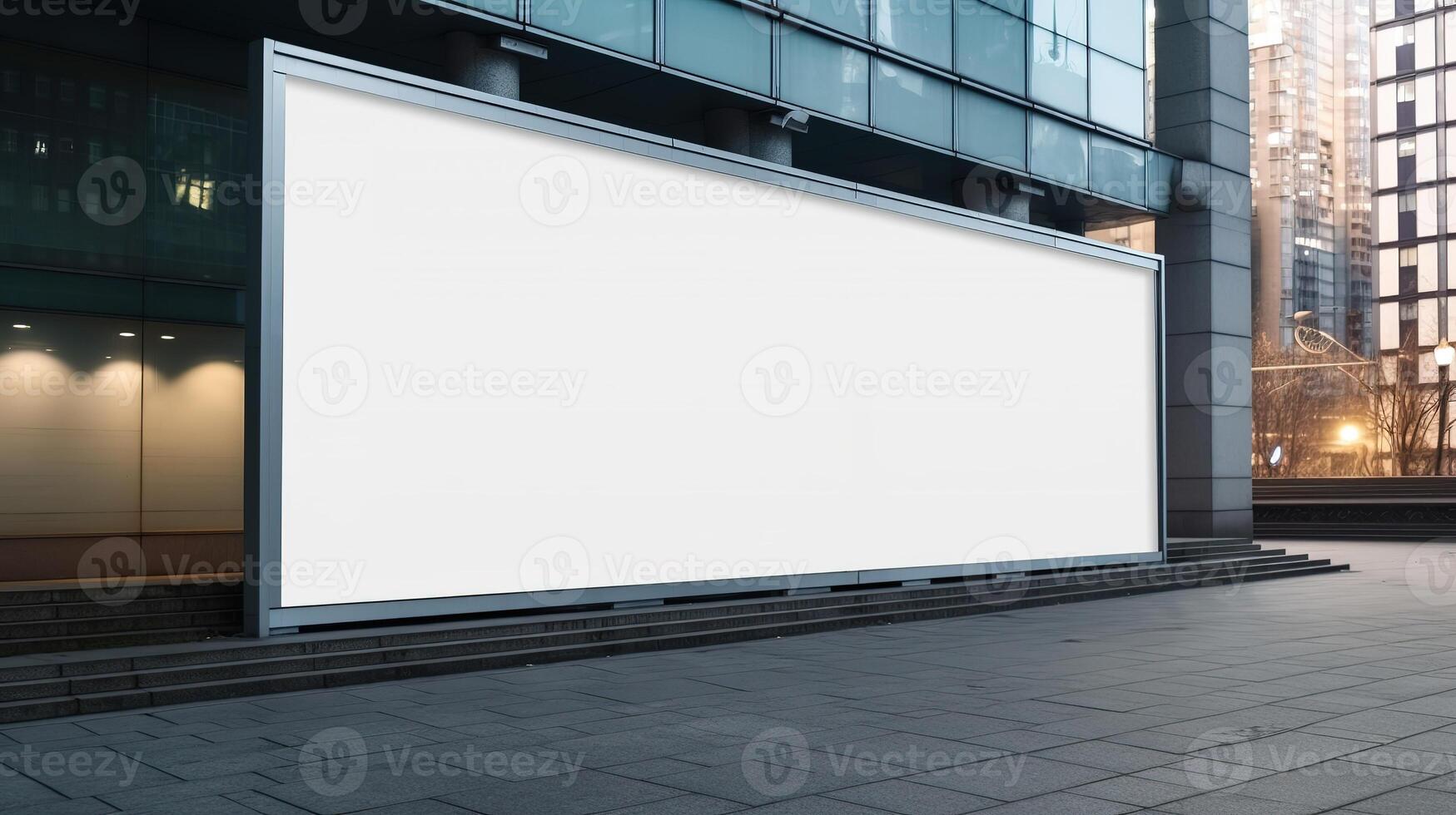 generativo ai, realista calle grande cartelera burlarse de arriba blanco para presentación publicidad. al aire libre firmar blanco en el futurista ciudad, negocio concepto foto