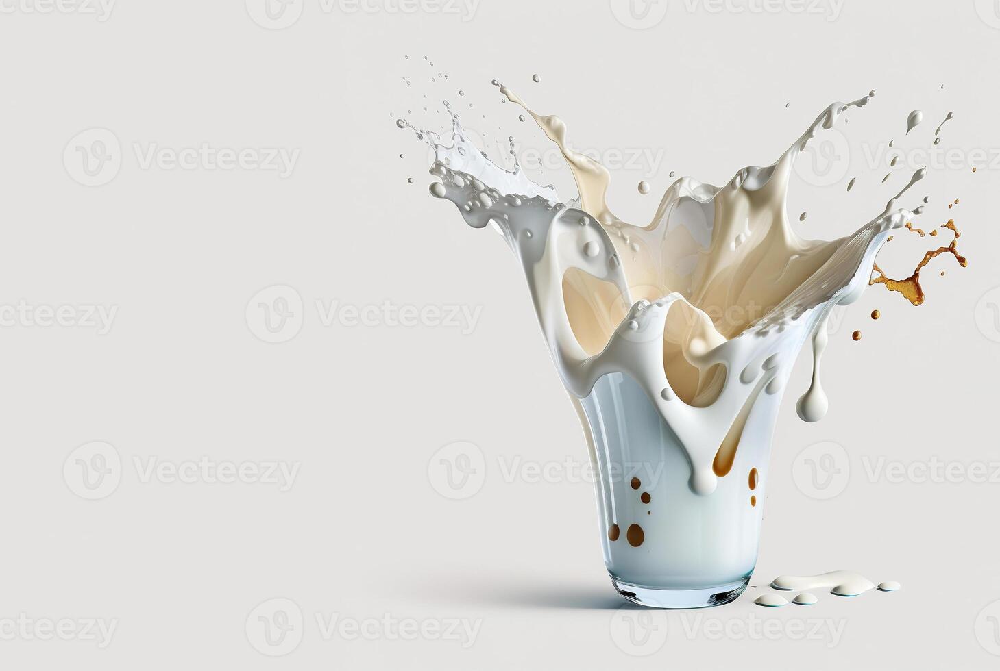 , Flowing liquid with splashes in white color. Glossy cream milk fluid banner, 3D effect, modern macro photorealistic abstract background illustration. photo