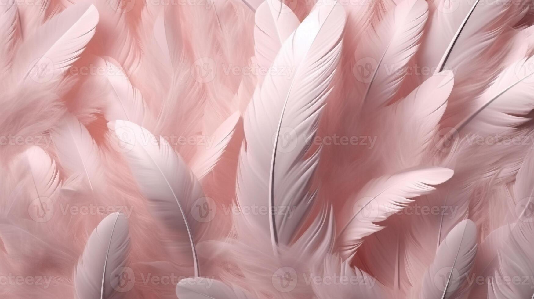 , Beautiful light pink closeup feathers, photorealistic background. Small fluffy pink feathers randomly scattered forming photo