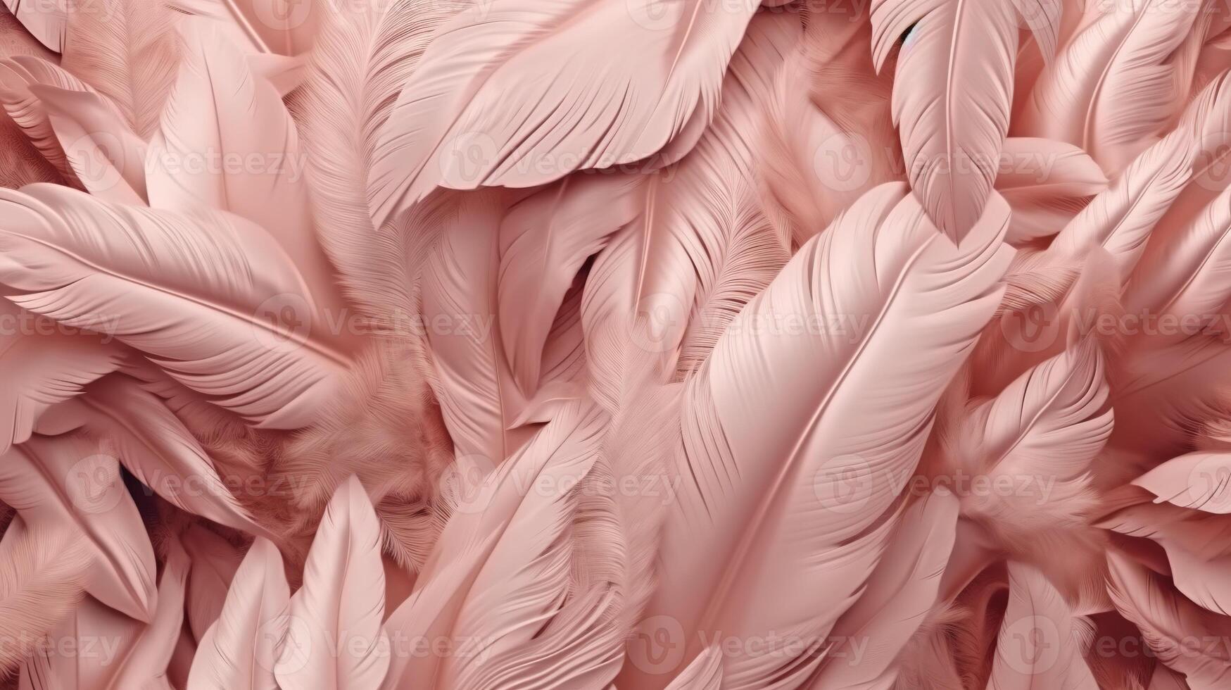 , Beautiful light pink closeup feathers, photorealistic background. Small fluffy pink feathers randomly scattered forming photo