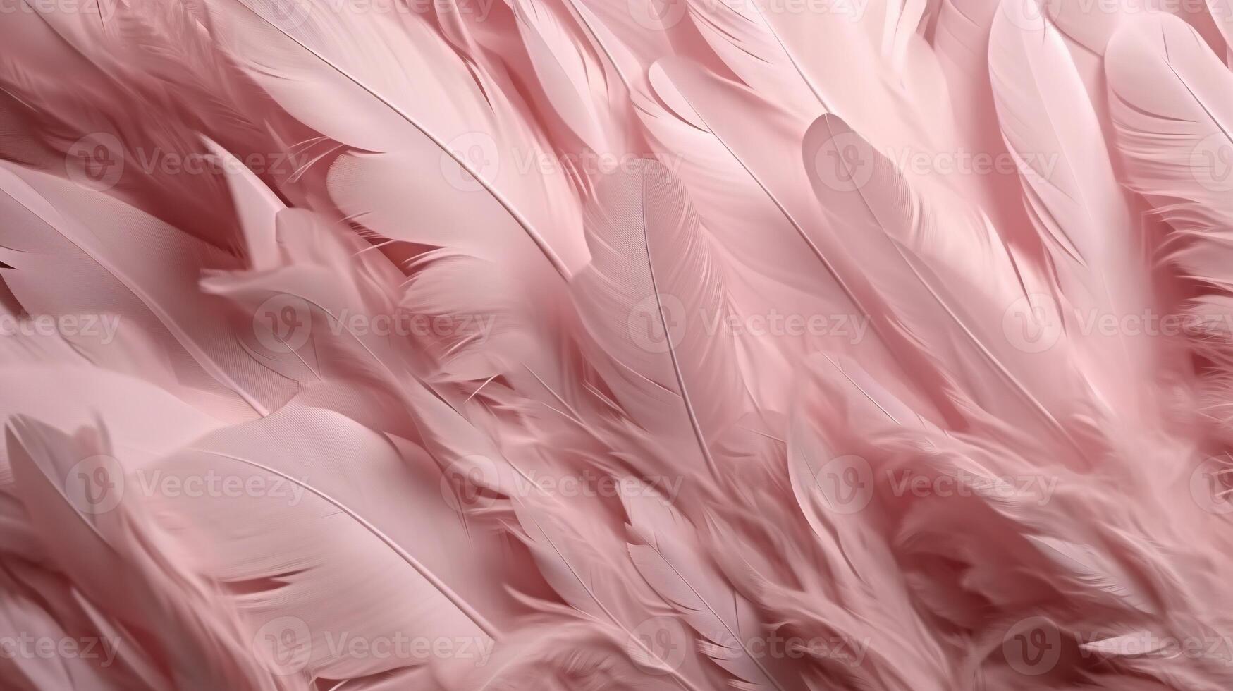 , Beautiful light pink closeup feathers, photorealistic background. Small fluffy pink feathers randomly scattered forming photo