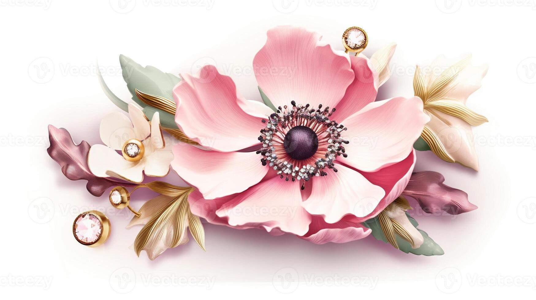 , beautiful light pink flowers brooch, opal stone and golden color palette isolated on white background. Bijouterie, jewelry close up photo