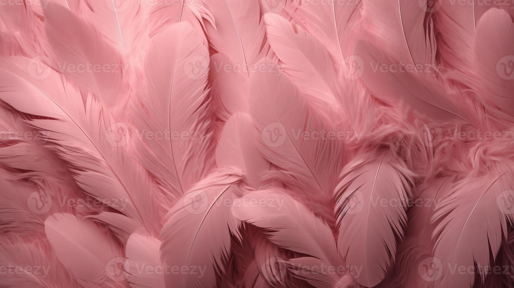 , Beautiful light pink closeup feathers, photorealistic background. Small fluffy pink feathers randomly scattered forming photo