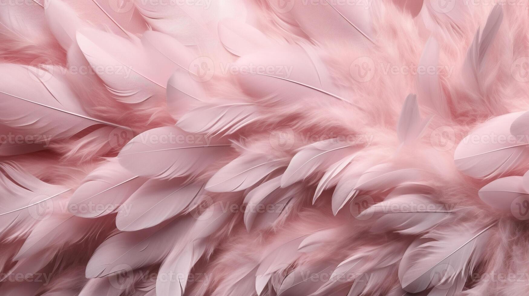 , Beautiful light pink closeup feathers, photorealistic background. Small fluffy pink feathers randomly scattered forming photo
