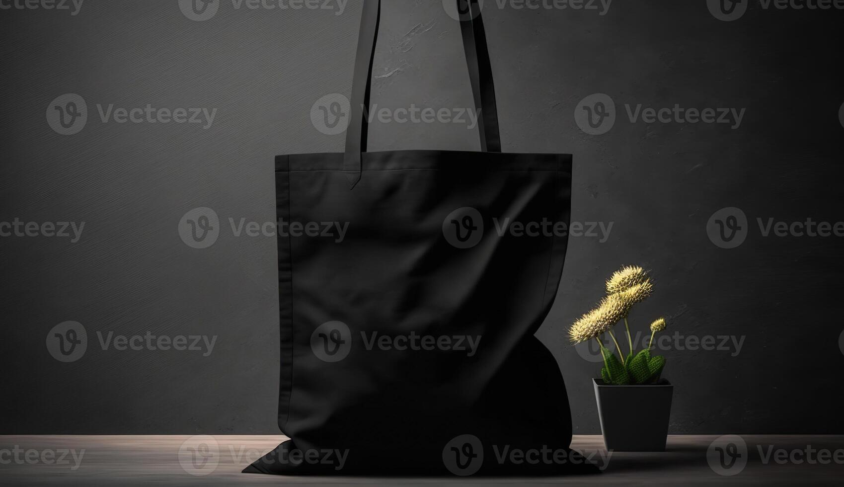 , Realistic black tote canvas fabric bag set-up in at home interior, mug mock up blank. photo