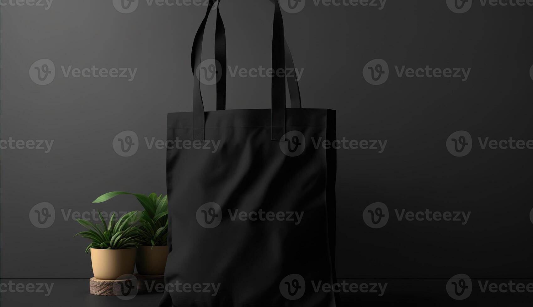 , Realistic black tote canvas fabric bag set-up in at home interior, mug mock up blank. photo