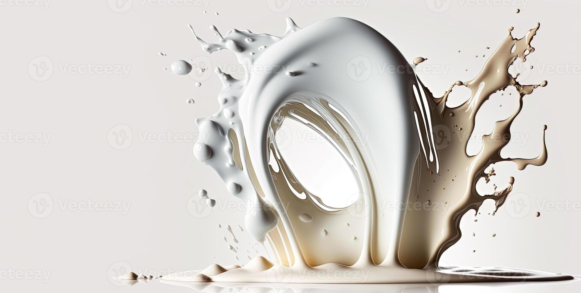 , Flowing liquid with splashes in white color. Glossy cream milk fluid banner, 3D effect, modern macro photorealistic abstract background illustration. photo