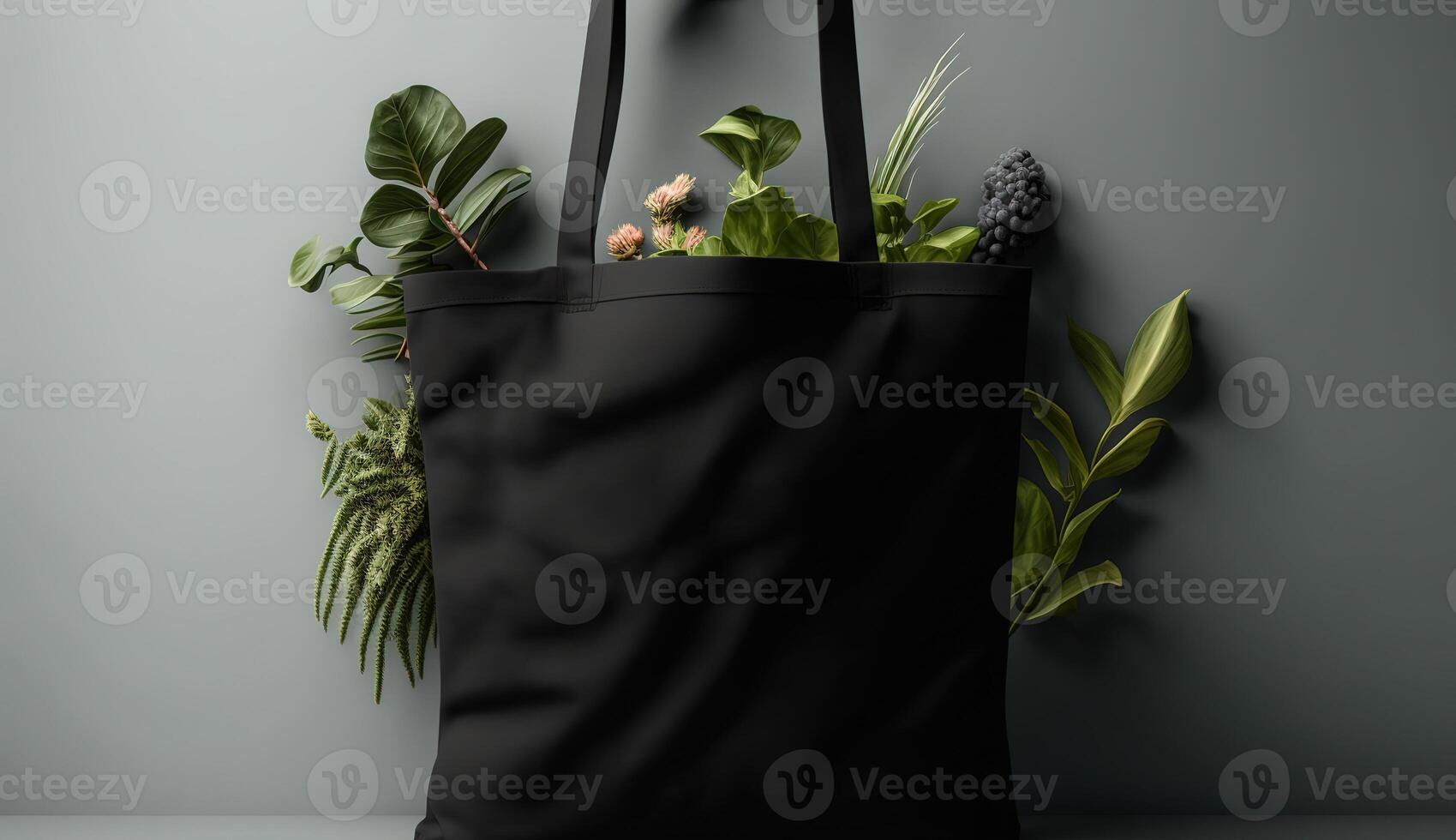 , Realistic black tote canvas fabric bag set-up in at home interior, mug mock up blank. photo