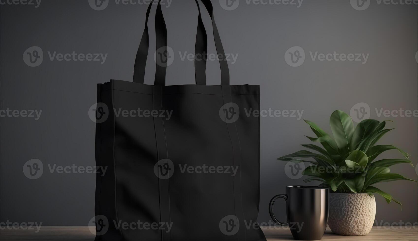 , Realistic black tote canvas fabric bag set-up in at home interior, mug mock up blank. photo