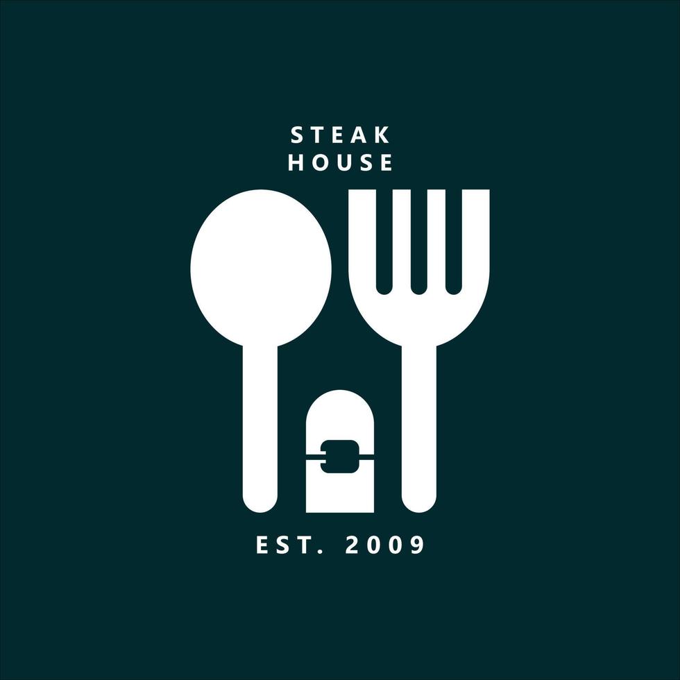 Spoon and fork vector logo with negative space meat griller. Steakhouse logo. Suitable for food, meals, restaurant, barbeque, and butchery.