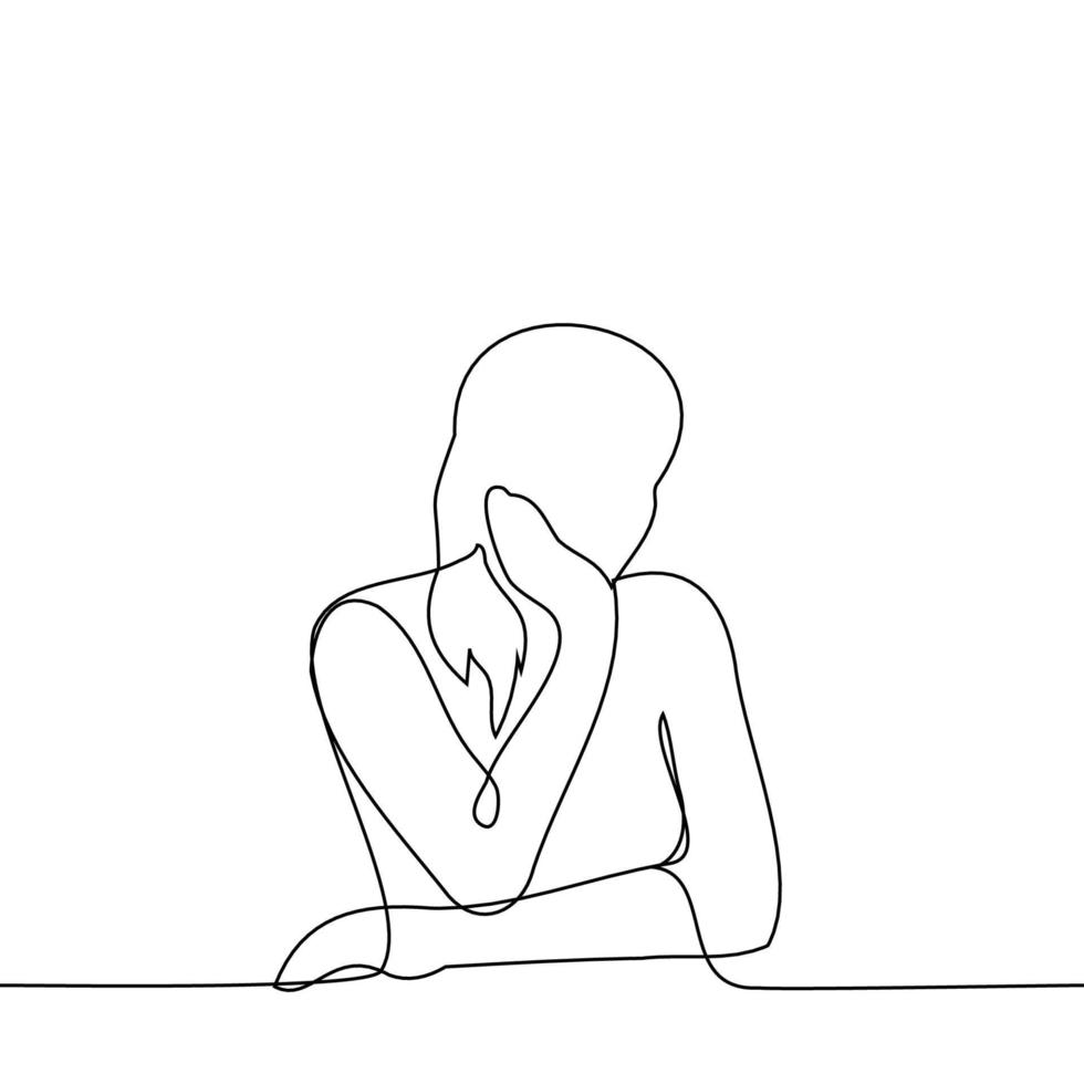 mujer sentado a el mesa, uno mano en el mesa el otro apuntalando arriba su cabeza - uno línea dibujo vector. el concepto de sentado solo, esperando vector