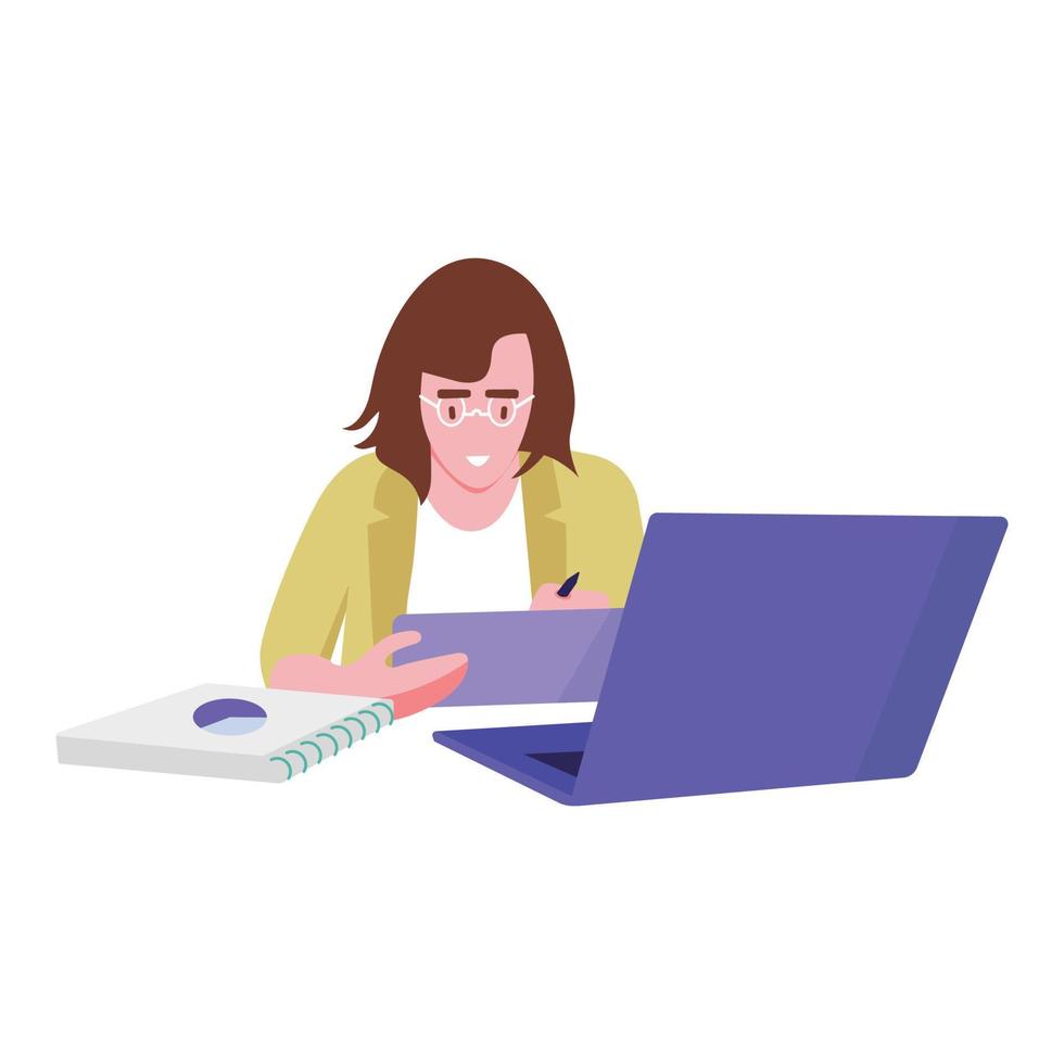 A woman worker wearing glasses staring at her tablet and working in front of her laptop and a thick report file. vector