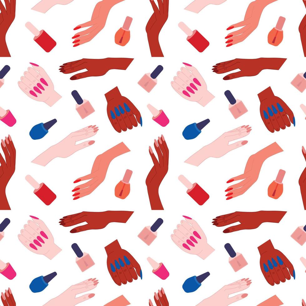 Different skin colored woman hands seamless pattern. Woman hands with manicure on white background. vector