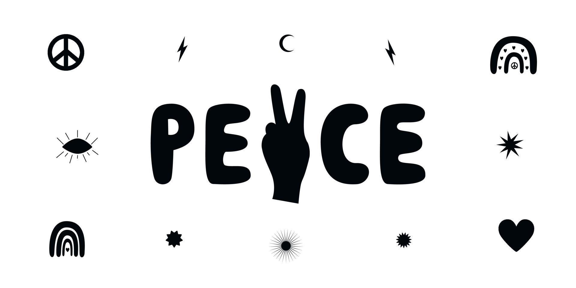 Flat vector hippy boho illustration. Hand drawn retro groovy elements and peace lettering