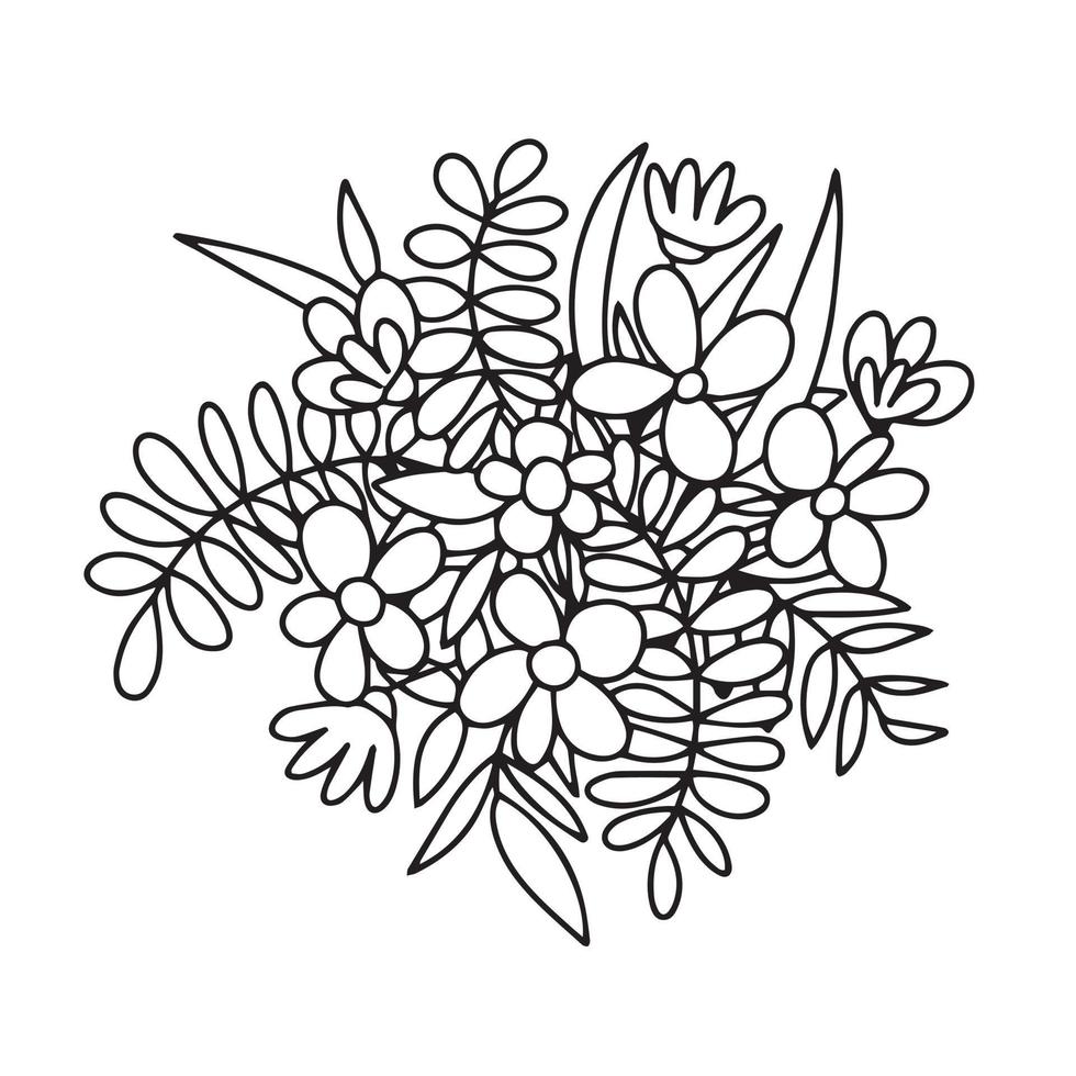 garabatear flor ramo de flores vector ilustración. mano dibujado negro y blanco flores en florero parte superior ver