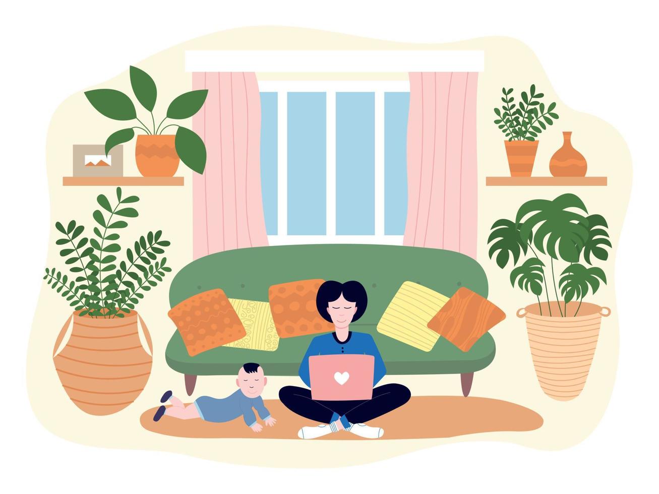 Young mother and her baby sitting on floor using laptop. Vector illustration with new mom working at home during maternity leave.