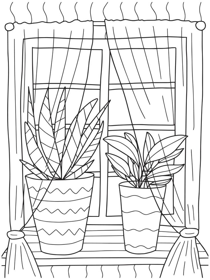 Vector window with houseplants coloring page. Cute window with curtains and plants colouring page