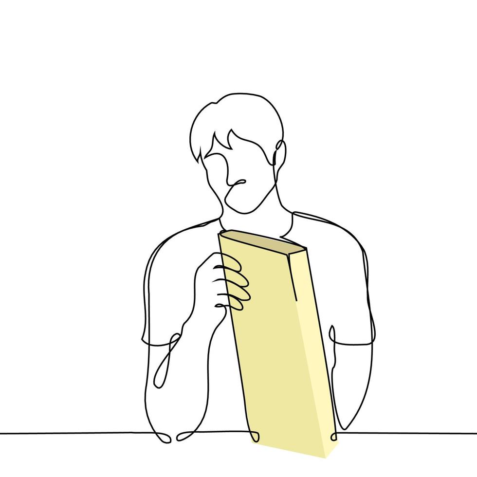 man examines a board, checks the quality of wood - one line drawing vector. concept buy wood, craft vector