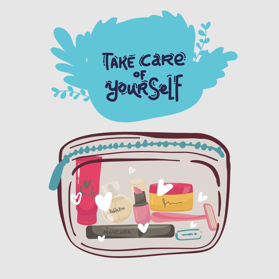 Female skincare cosmetic products in a cosmetic bag. Vector illustration.